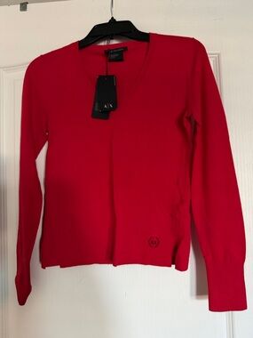 A/X Armani Exchange Red V-Neck Long Sleeve Sweater.